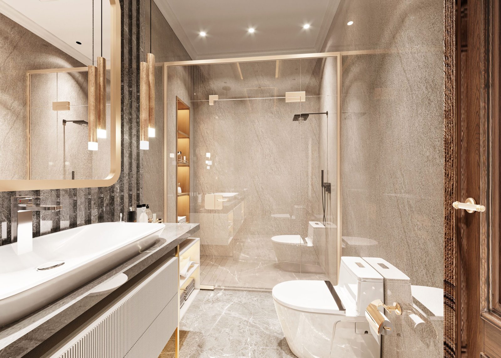 Sophisticated bathroom design with elegant fixtures and marble surfaces