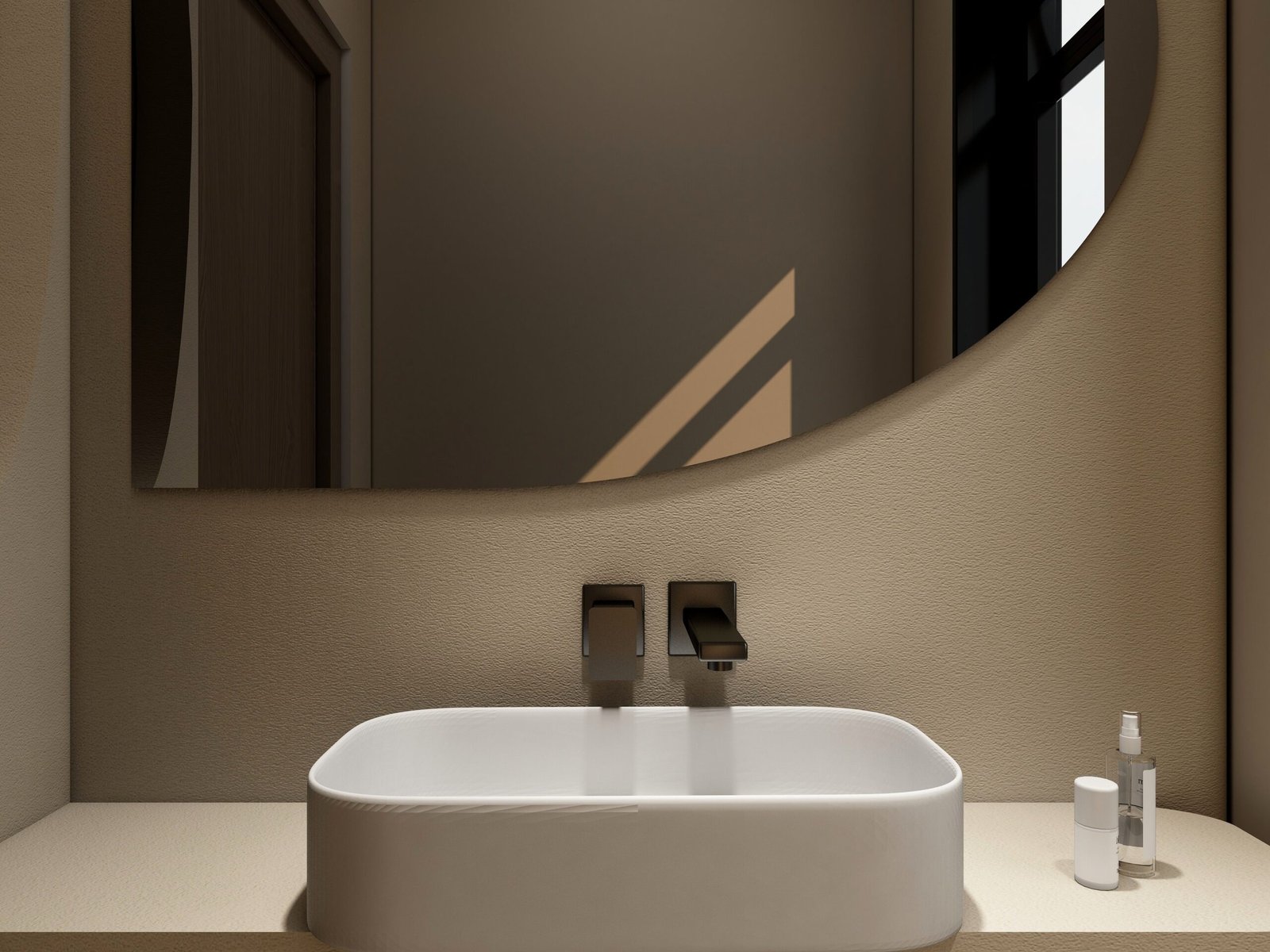 Elegant bathroom design featuring a sleek, modern sink and faucet set against a neutral backdrop.