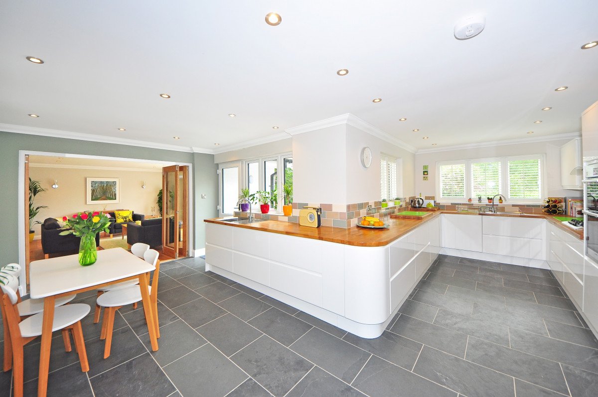 Modern open concept kitchen and living room interior