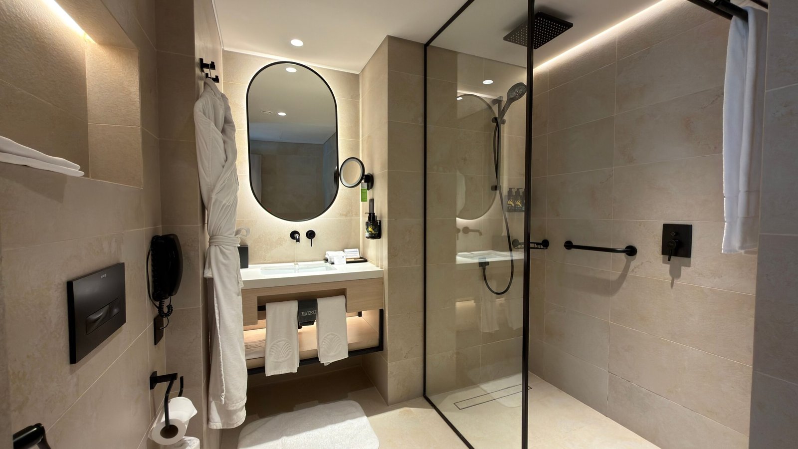 Modern bathroom remodel with double vanity and custom storage in Dallas TX